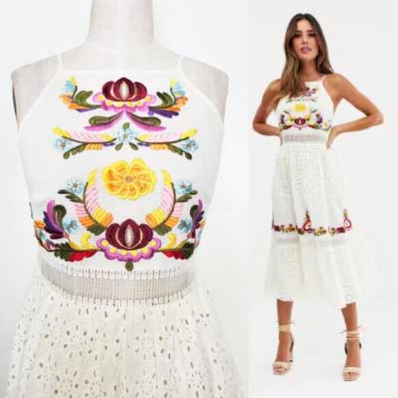 Asos Women’s White Cotton Tiered Midi Dress With Lace and Floral Embroidery NWT - Picture 1 of 13